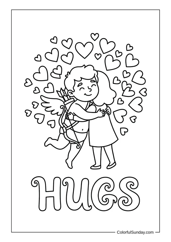 Loving Cupid giving a big hug with hearts everywhere in a coloring page.