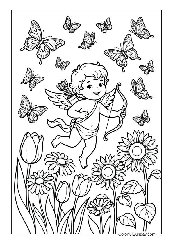 Happy Cupid in a beautiful flower garden with butterflies coloring page.