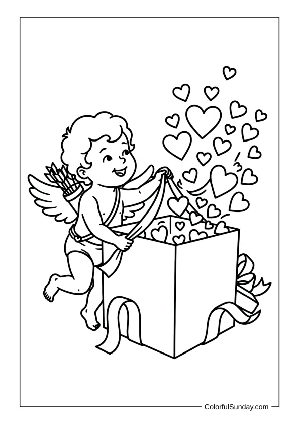 Excited Cupid opening a large gift box with hearts coloring page.