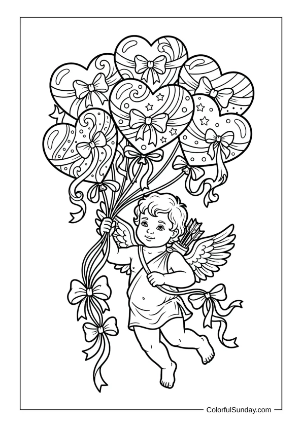 Joyful Cupid flying with heart-shaped balloons in a fun coloring page.