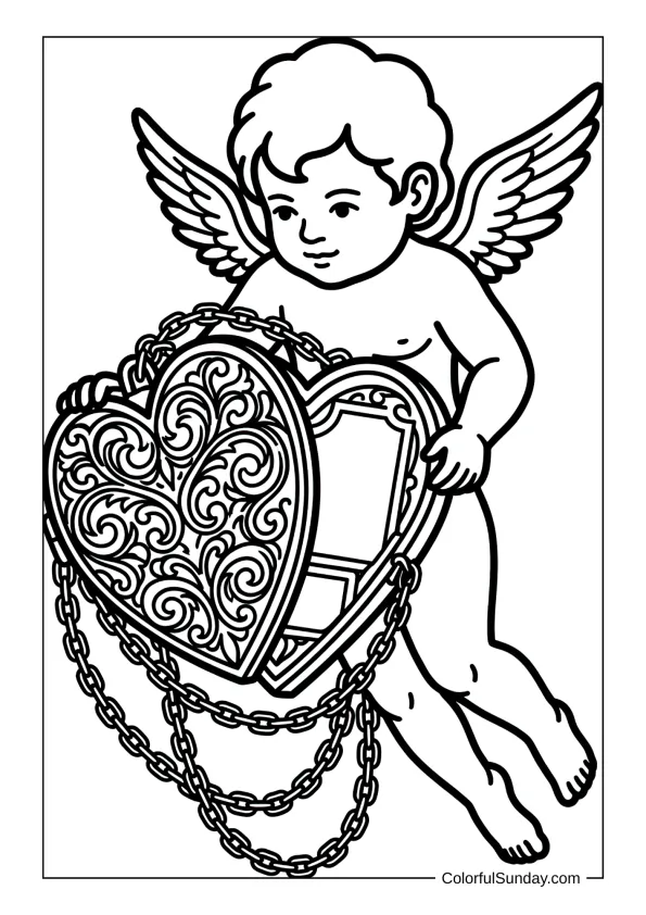 Sweet Cupid revealing a beautiful heart locket with details coloring page.