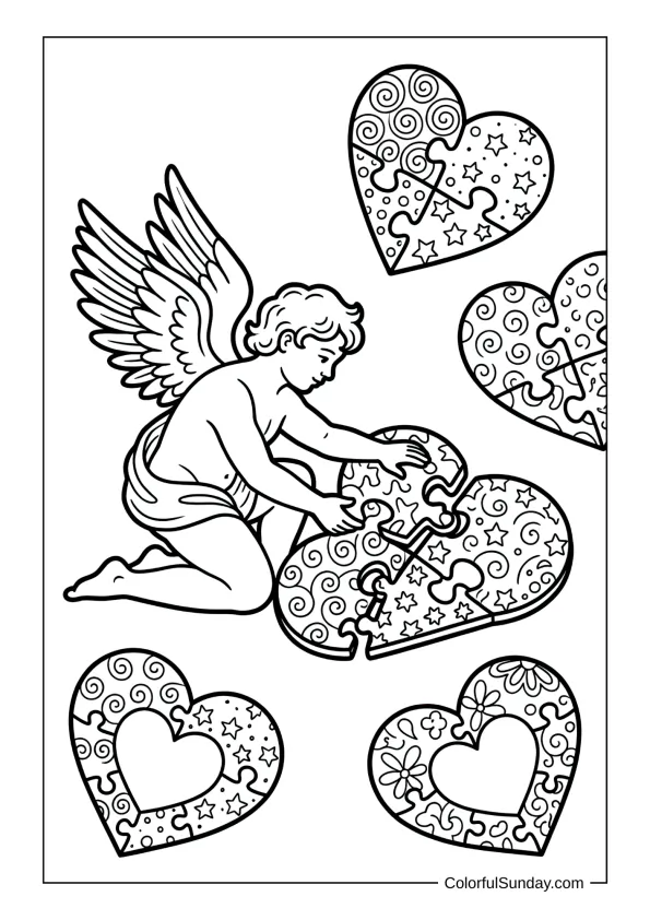 Clever Cupid putting together a heart puzzle with patterns coloring page.