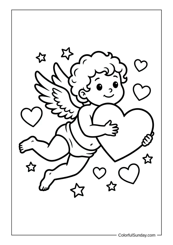 Cute Cupid hugging heart in a coloring page