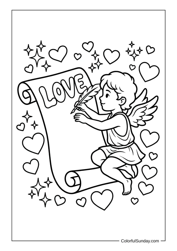 Cheerful Cupid writing love messages on a decorative scroll coloring page.