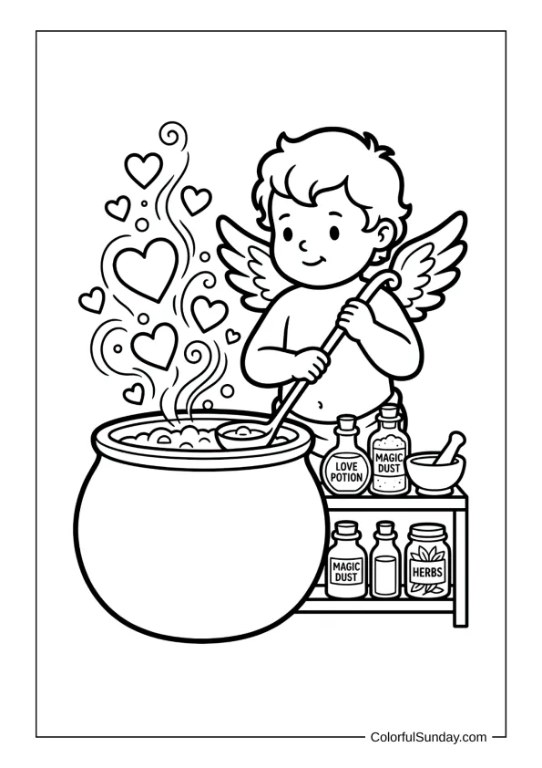 Magical Cupid brewing a love potion with hearts bubbling out coloring page.