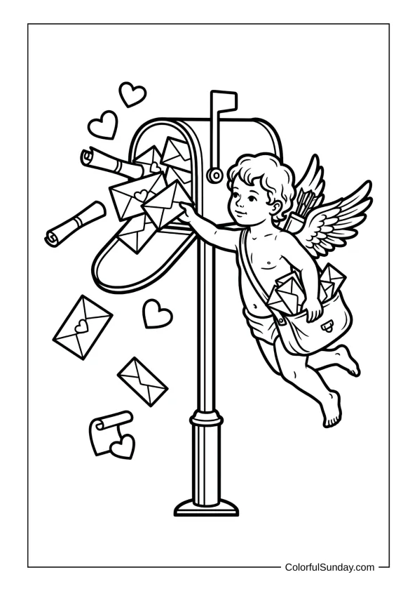 Postal Cupid delivering love letters from a heart-decorated mailbox coloring page.