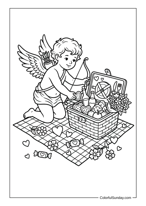 Happy Cupid enjoying a lovely picnic with hearts and treats coloring page.