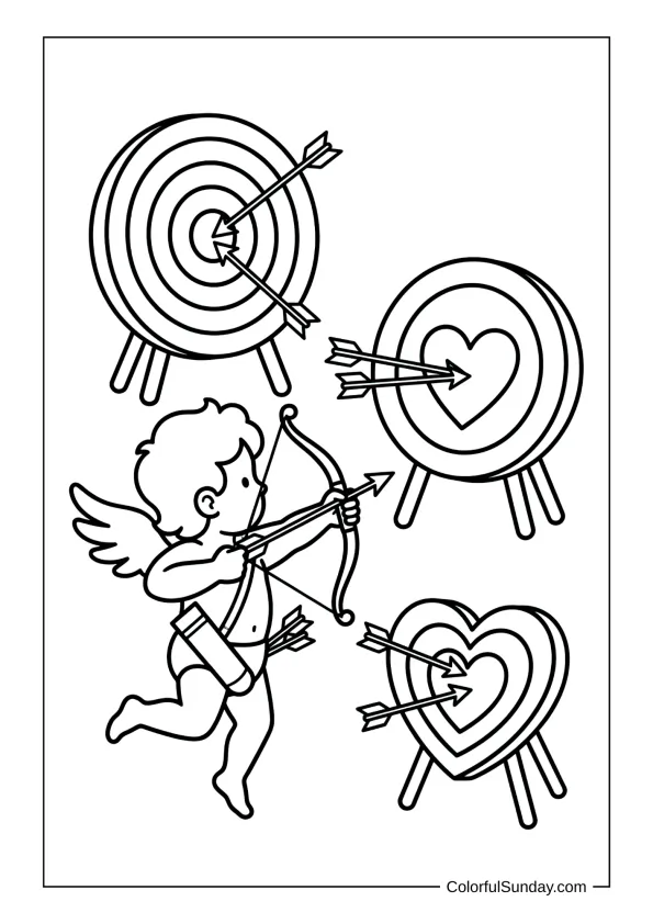 Focused Cupid practicing archery with heart targets in a fun coloring page.