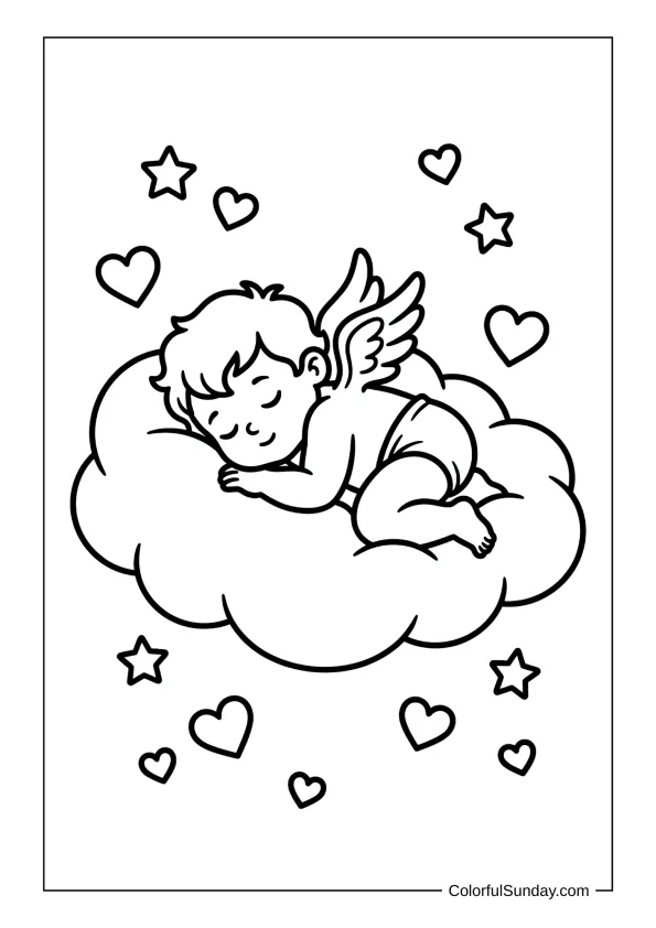 Sleepy Cupid resting on a soft cloud with hearts in a coloring page.