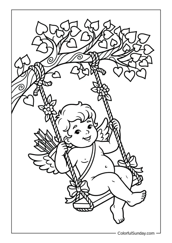 Happy Cupid swinging from a tree with heart leaves in a coloring page.