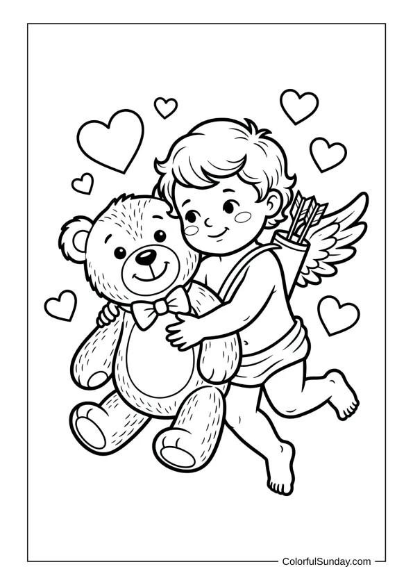 Loving Cupid cuddling with a cute teddy bear in a coloring page.