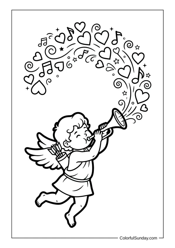 Musical Cupid playing trumpet with hearts streaming out in a coloring page.