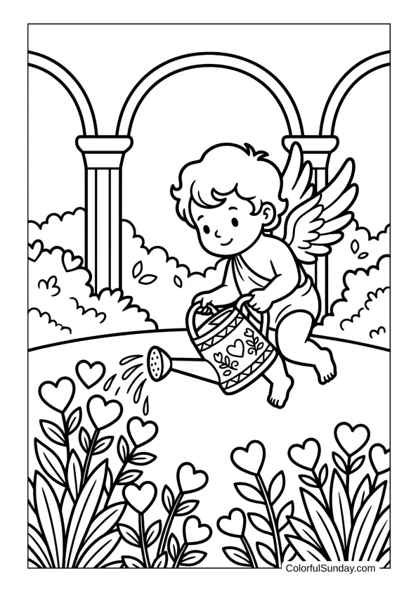 Gardener Cupid watering heart flowers with a pretty can in a coloring page.