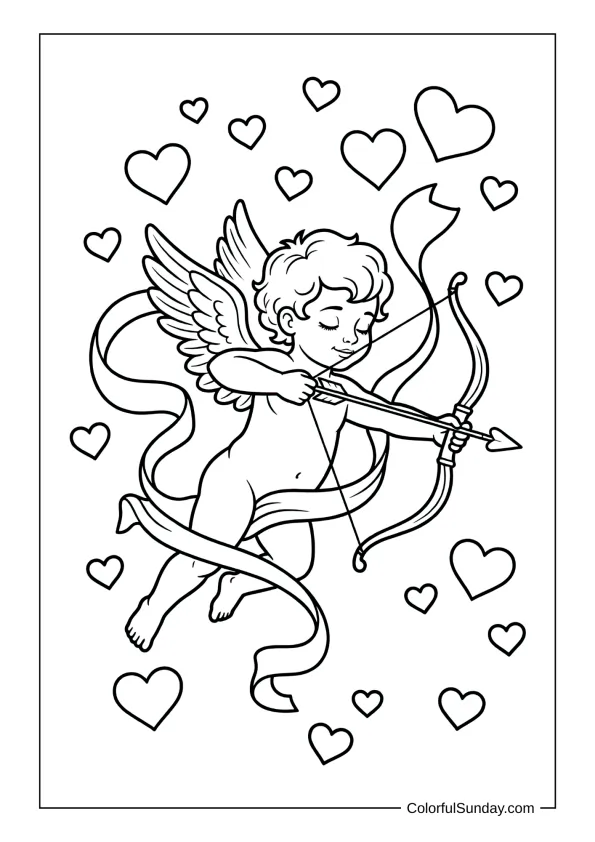 Adorable Cupid aiming his bow surrounded by floating hearts coloring page.