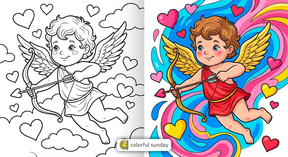 Cupid coloring pages featured image, left side uncolored, right side fully colored
