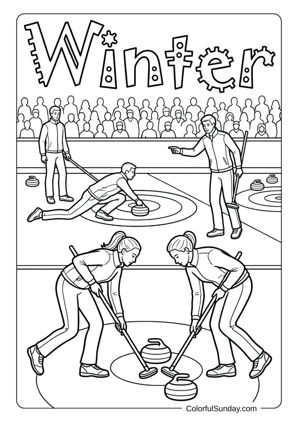 Players slide curling stones on ice in this winter sport coloring page.