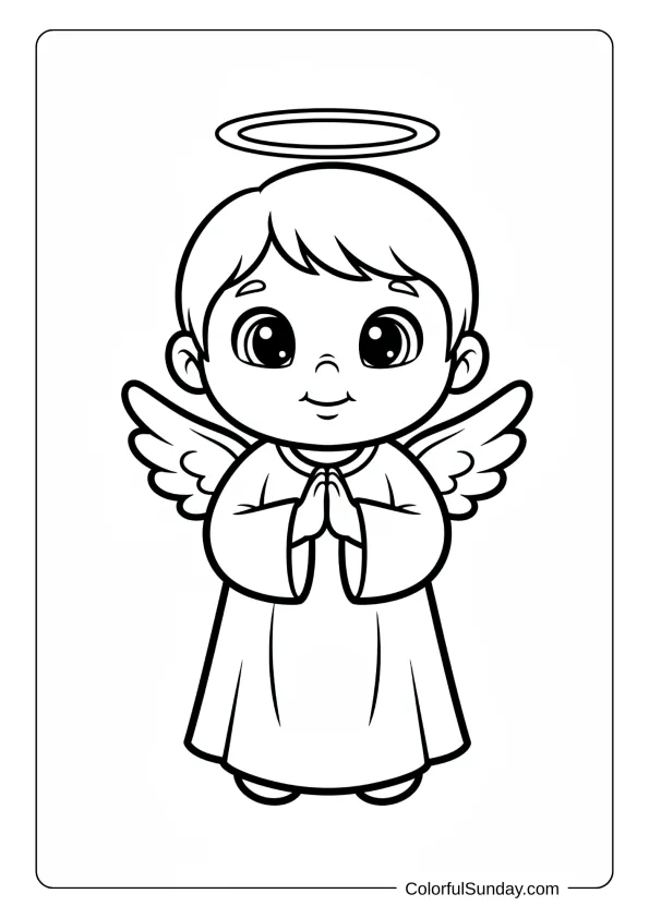A coloring page of a cute angel child with halo, round face, and warm smile.