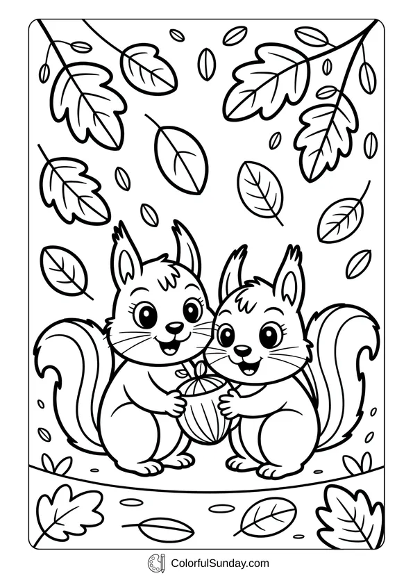 Pikachu From Pokemon Coloring Page Two squirrels holding an acorn together with autumn leaves falling around them in a cute coloring page.