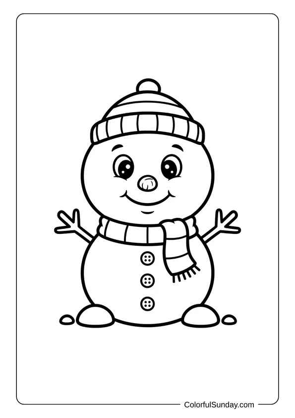 An adorable baby snowman coloring page designed especially for young kids to enjoy.