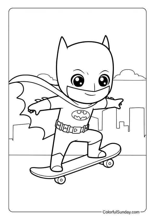 Cute Batman skateboards through the city on this playful coloring page.