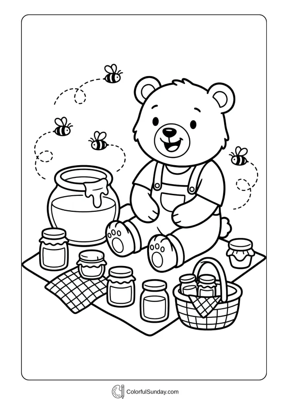 A cute bear enjoying a picnic coloring page with honey jars and buzzing bees nearby.