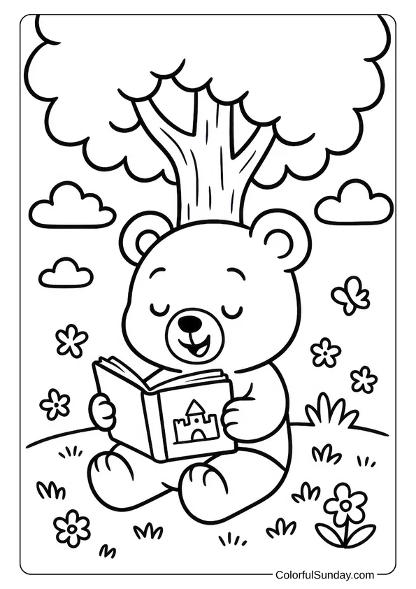 Cute Bear Reading a Book Coloring Page Under a large tree, the cute bear reads a storybook peacefully in this charming coloring page.
