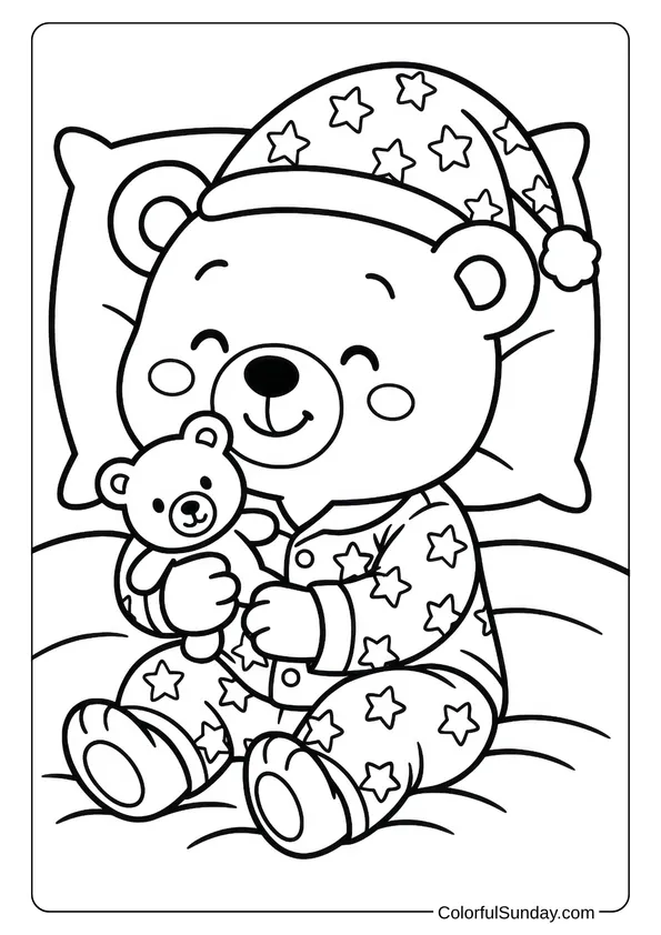 Cute Bear in Pajamas Coloring Page A coloring page of a cute bear wearing pajamas and cuddling a teddy bear while sitting on a bed.