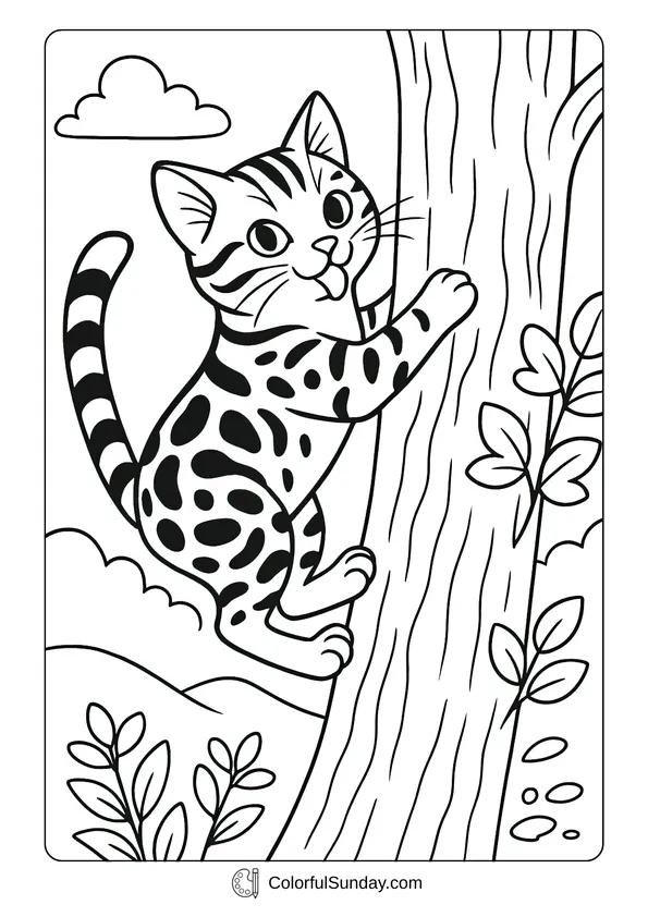Pikachu From Pokemon Coloring Page A spotted Bengal cute cat climbing up a tree in a coloring page style.
