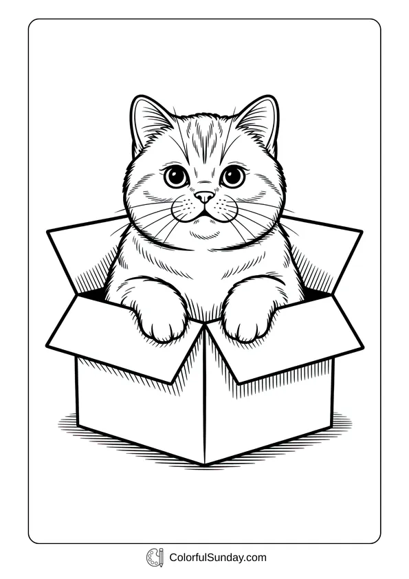 Pikachu From Pokemon Coloring Page A British Shorthair cute cat sitting inside a box in a coloring page style.