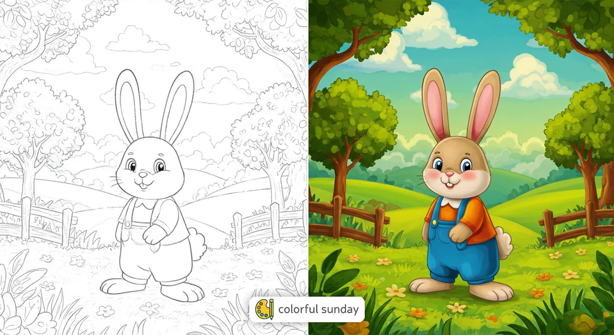 Cute Bunny Coloring Pages, left side black and white, line art, right side fully colored