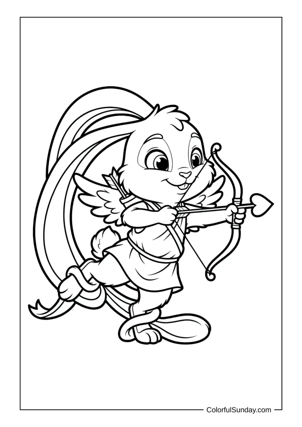 Cute bunny Cupid tripping over long ears while holding a heart arrow in a fun coloring page.