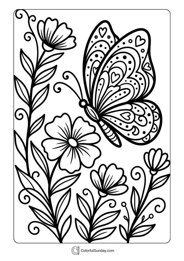 A coloring page of a cute butterfly fluttering among flowers with decorative wing patterns and hearts.