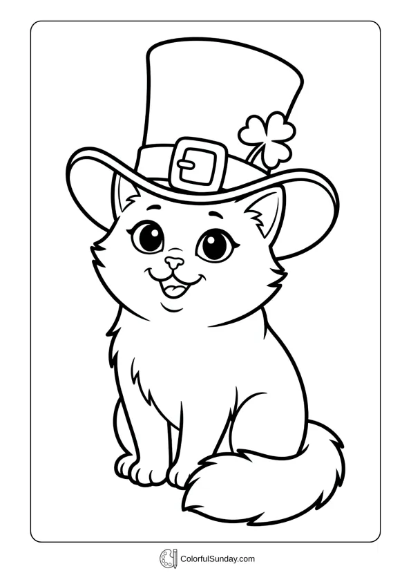 A cute cat celebrates Ireland wearing a leprechaun hat in this St. Patrick’s Day coloring page.
