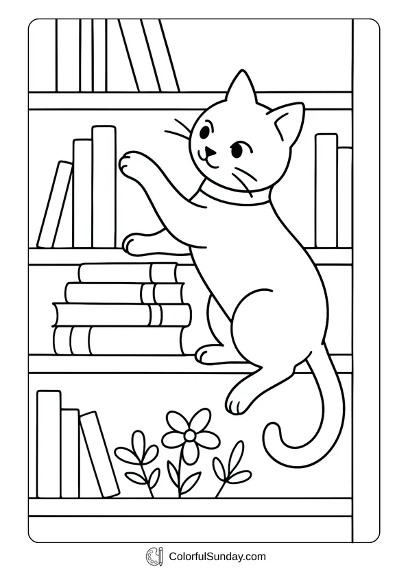 Pokemon Badges And Logo Coloring Page A coloring page of a curious cute cat climbing up a bookshelf among stacked books.