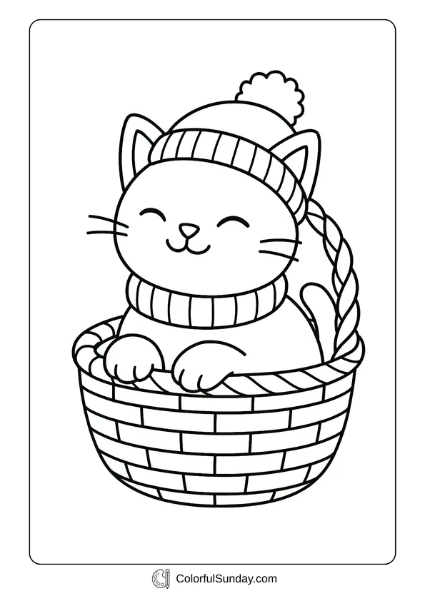 A coloring page of a cute cat wearing a winter hat and sitting happily in a basket.