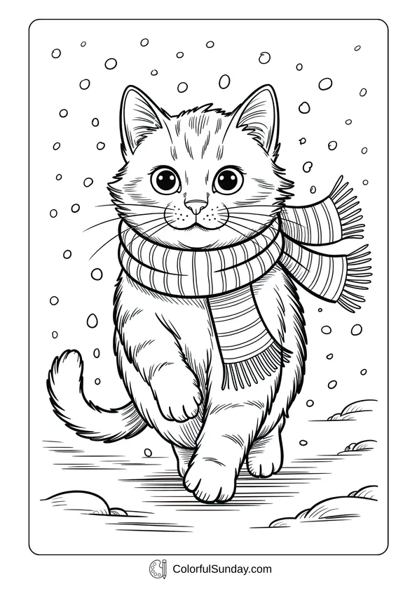 A fluffy cute cat wearing a scarf and walking in the snow in a coloring page style.