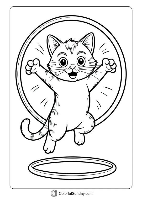 A happy cute cat jumping through a hoop in a coloring page style.
