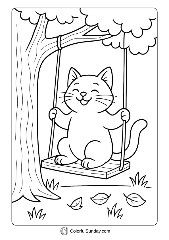 A cheerful cute cat sitting on a swing under a tree in this playful coloring sheet.
