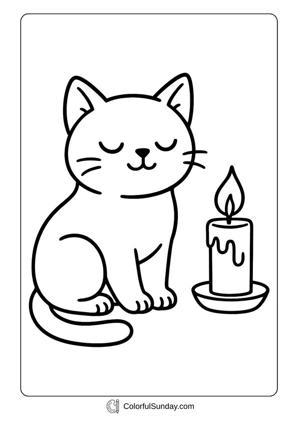 A calm cute cat resting beside a glowing candle in a coloring page style.