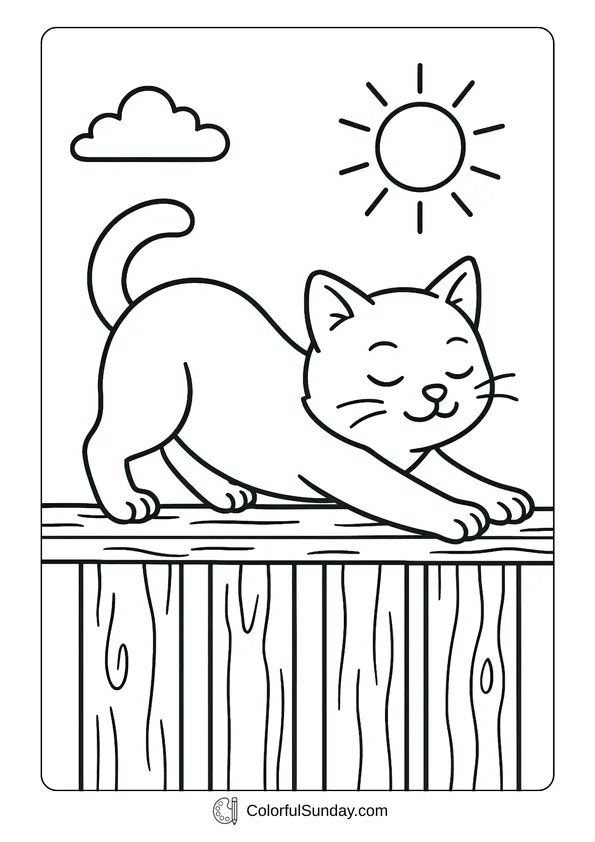 Pokemon Badges And Logo Coloring Page A coloring page of a stretching cute cat balancing on a wooden fence under the sun.