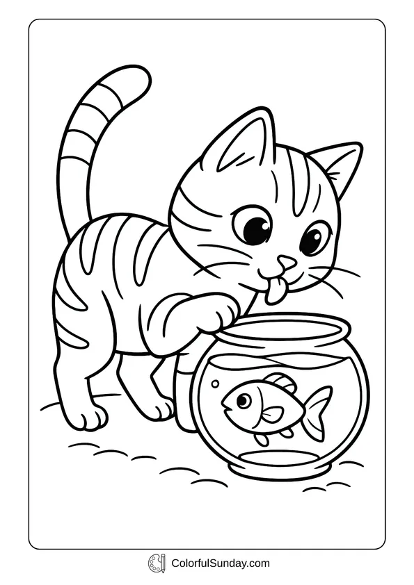 Pokemon Badges And Logo Coloring Page A coloring page of a cute cat watching a little fish swim inside a bowl.