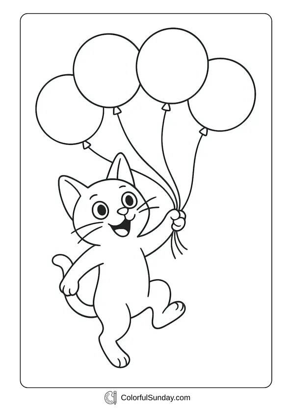 A happy cute cat holding balloons and floating in the air in this fun coloring sheet.
