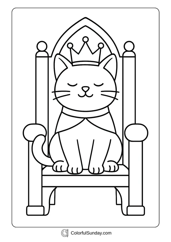 Pikachu From Pokemon Coloring Page A royal cute cat wearing a crown and sitting proudly on a throne in a coloring page style.