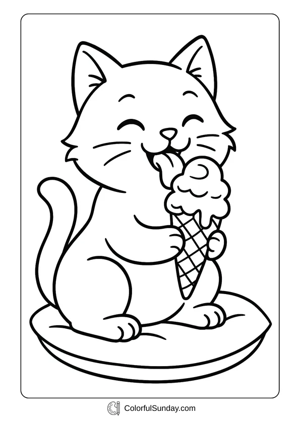 A cheerful cute cat enjoying an ice cream cone in a coloring page style.