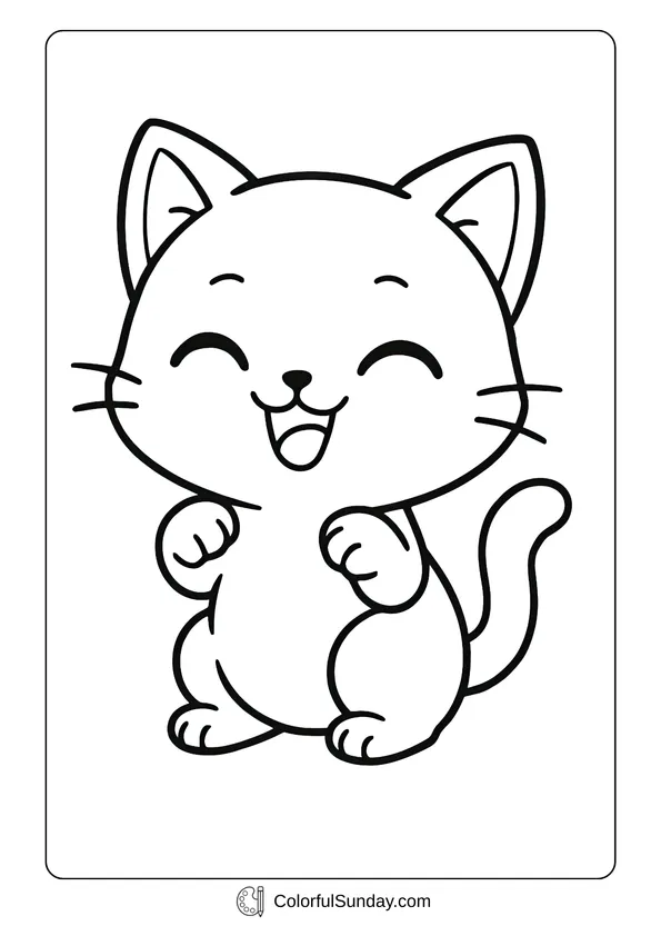 A coloring page of a cheerful cute cat smiling with its paws raised in excitement.