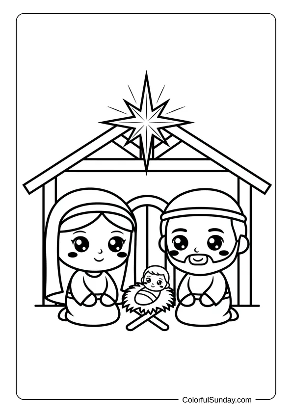 A cute chibi style nativity coloring picture with simplified characters in kawaii design.