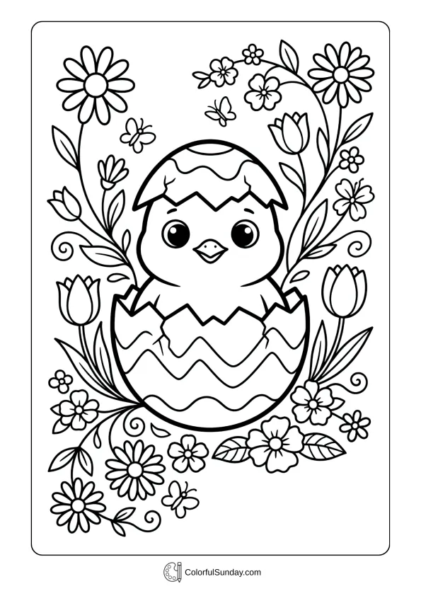 A cute chick hatching from egg coloring page surrounded by flowers and spring elements.