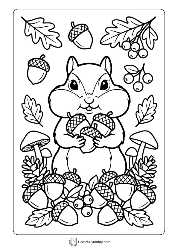A cute chipmunk holding nuts coloring page surrounded by acorns and forest treasures.