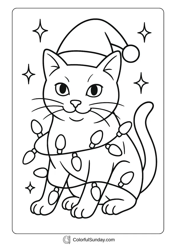 Pikachu From Pokemon Coloring Page A festive cute cat wearing a Santa hat and wrapped in Christmas lights in a coloring page style.