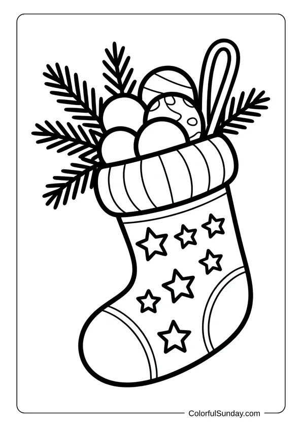 A cute Christmas stocking filled with ornaments and pine branches in a festive coloring page.
